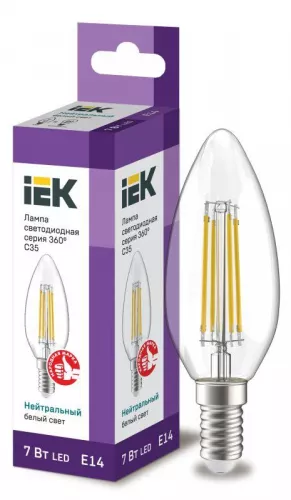 Лампа светодиодная 360° C35 7Вт свеча 4000К E14 230В прозр. IEK LLF-C35-7-230-40-E14-CL
