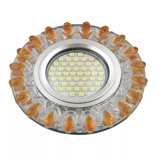 DLS-L148 GU5.3 GLASSY/GOLD Светильник декоративный встраиваемый, серия Luciole. Без лампы, цоколь GU5.3. Доп. светодиодная подсветка 3Вт. Стекло. Зеркальный/прозрачный+светло-желтый. ТМ Fametto