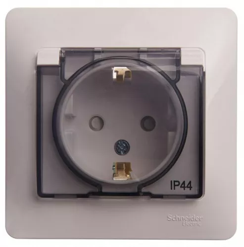 Розетка 1-м СП Glossa 16А IP44 с защ. крышкой защ. шторки с заземл. в сборе бел. SchE GSL000148