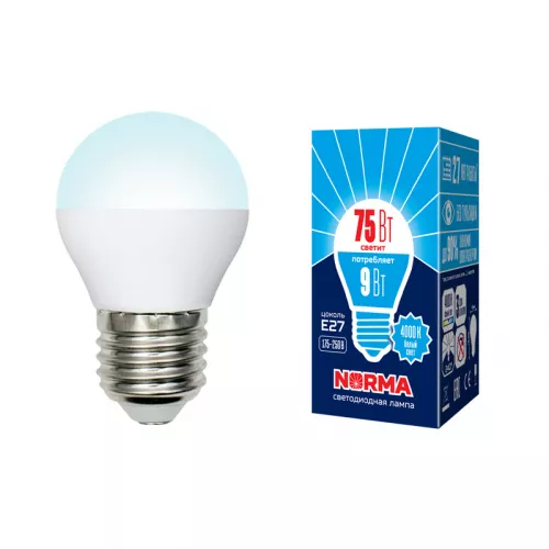 LED-G45-9W/NW/E27/FR/NR Лампа светодиодная. Форма "шар", матовая. Серия Norma. Белый свет (4000K). Картон. ТМ Volpe LED-G45-9W/NW/E27/FR/NR Лампа светодиодная. Форма "шар", матовая. Серия Norma. Белый свет (4000K). Картон. ТМ Volpe