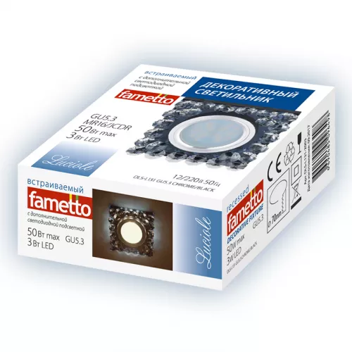 DLS-L131 GU5.3 CHROME/BLACK Светильник декоративный встраиваемый, серия Luciole. Без лампы, цоколь GU5.3. Доп. светодиодная подсветка 3Вт. Металл/стекло. Хром/черный. ТМ Fametto