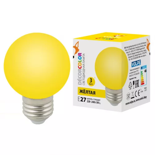 LED-G60-3W/YELLOW/E27/FR/С Лампа декоративная светодиодная. Форма "шар", матовая. Цвет желтый. Картон. ТМ Volpe. LED-G60-3W/YELLOW/E27/FR/С Лампа декоративная светодиодная. Форма "шар", матовая. Цвет желтый. Картон. ТМ Volpe.