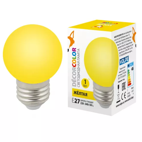 LED-G45-1W/YELLOW/E27/FR/С Лампа декоративная светодиодная. Форма "шар", матовая. Цвет желтый. Картон. ТМ Volpe. LED-G45-1W/YELLOW/E27/FR/С Лампа декоративная светодиодная. Форма "шар", матовая. Цвет желтый. Картон. ТМ Volpe.